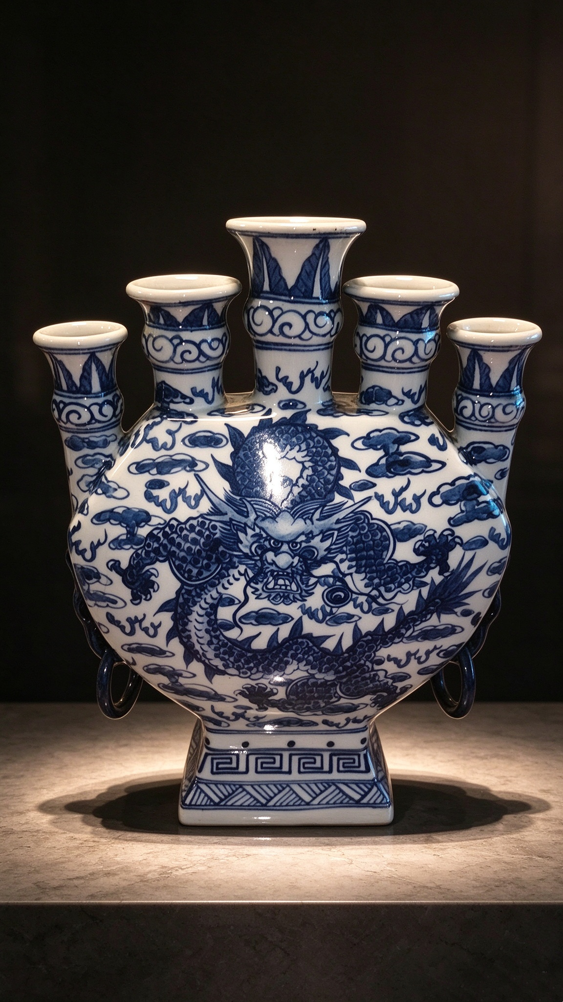 清乾隆青花雲龍紋五孔環耳花插